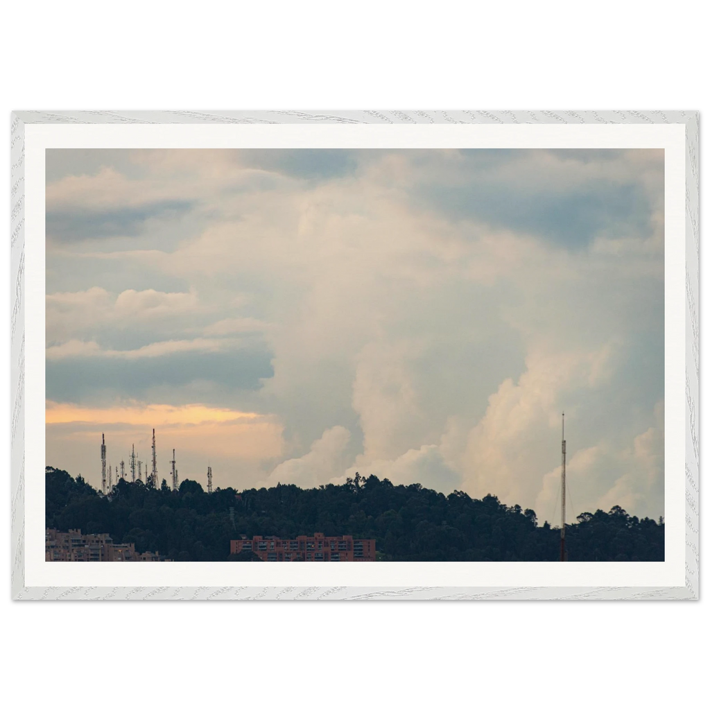 Cloud meets mountain framed print displayed in modern living room