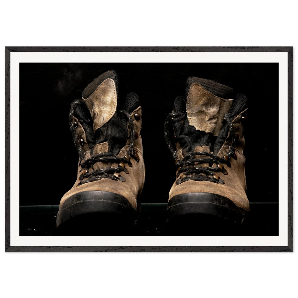 Mountain boots framed wall art – museum quality matte paper in oak wood frame