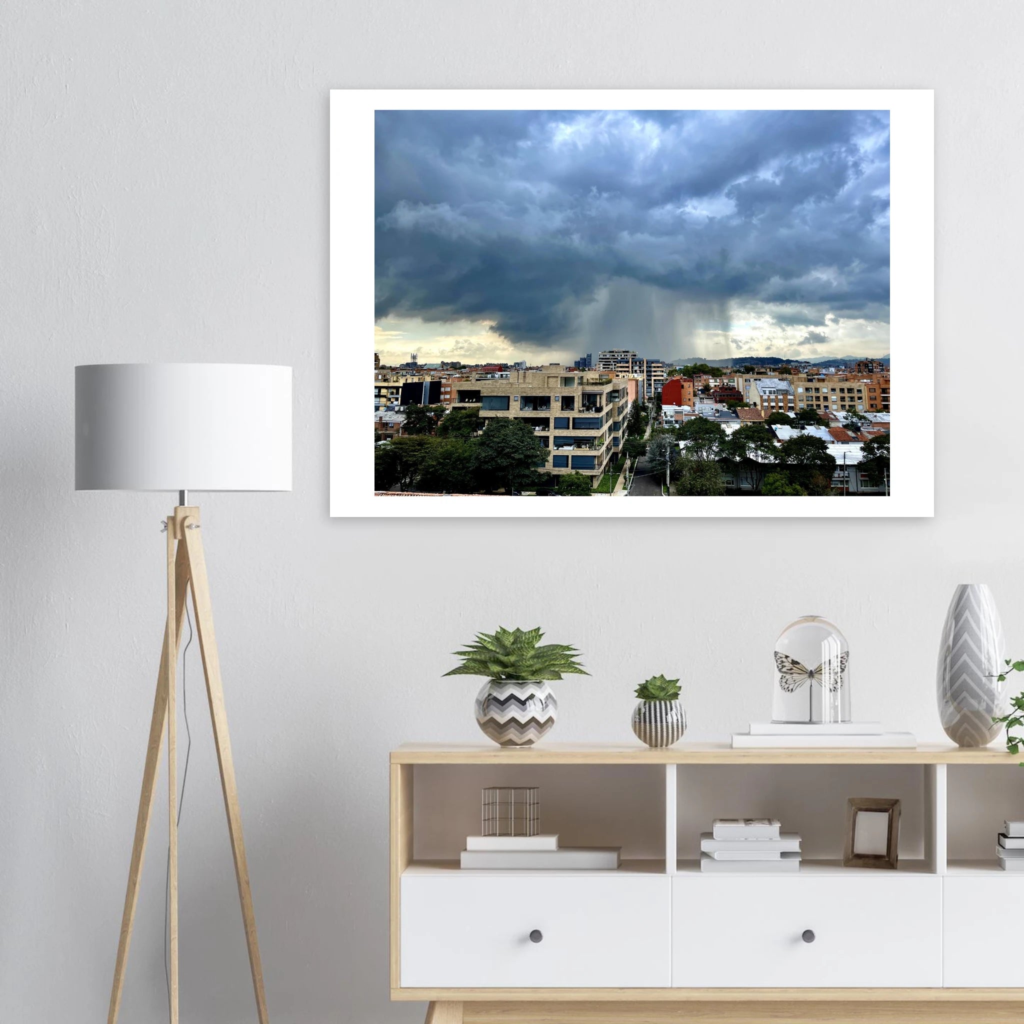 Raining over Bogotá fine art print displayed in modern interior