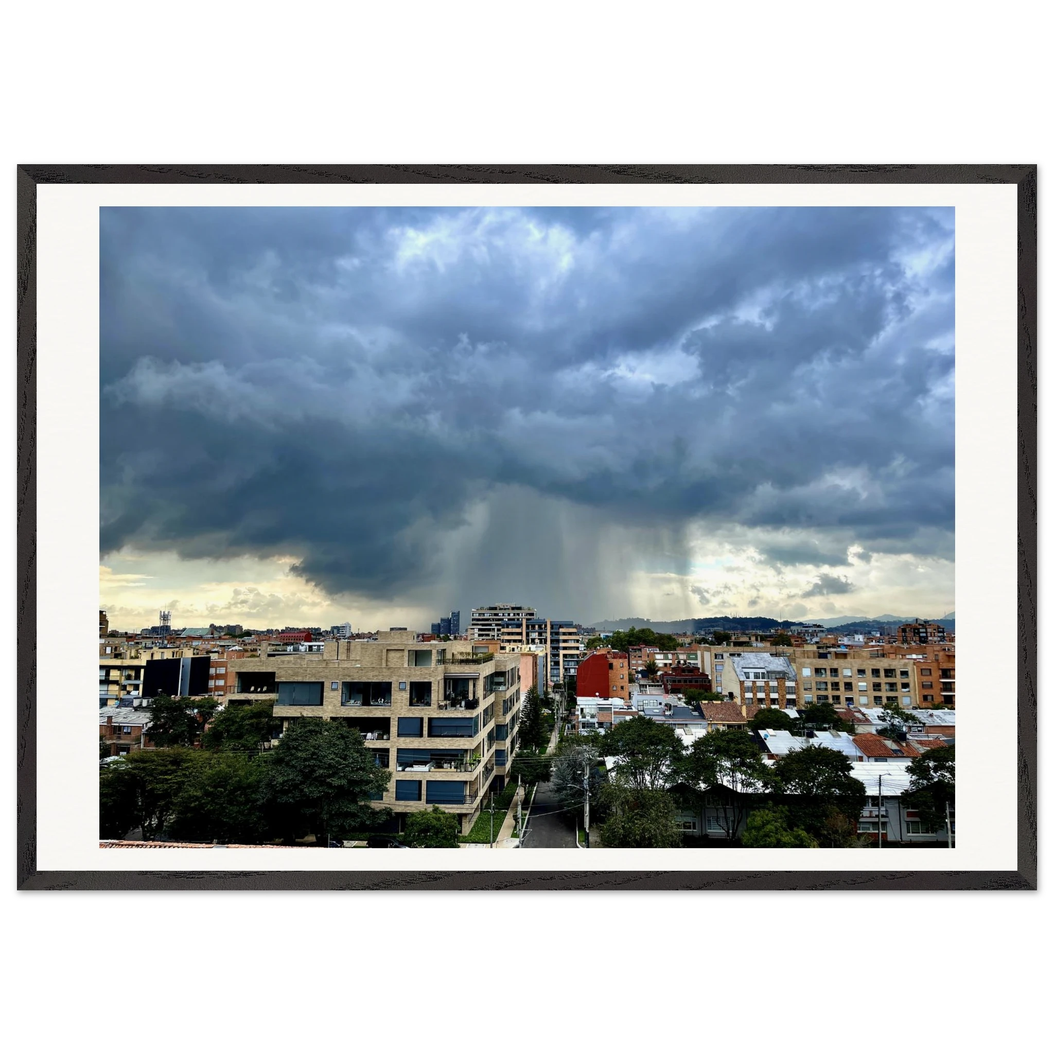 Raining over Bogotá framed wall art – museum quality matte paper in oak wood frame