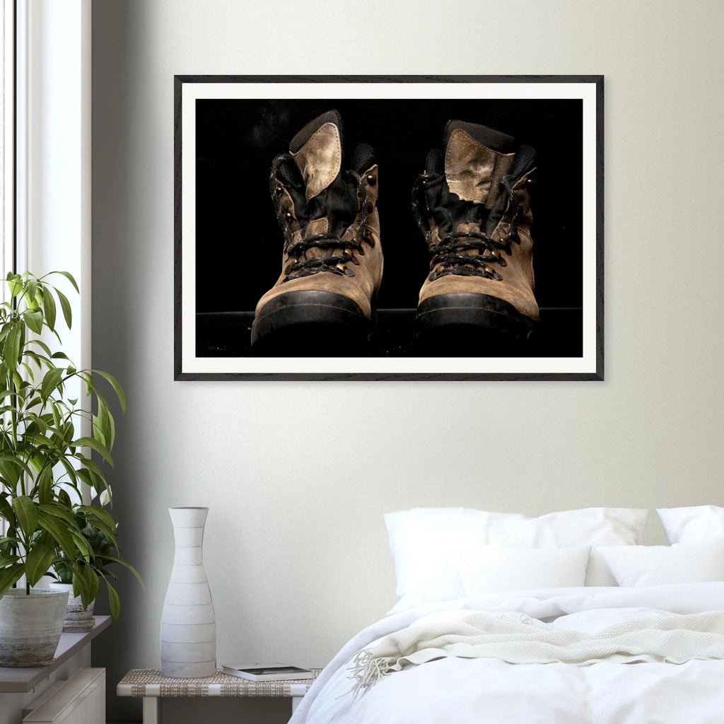Mountain boots framed adventure fine art print by Camilo Tobar