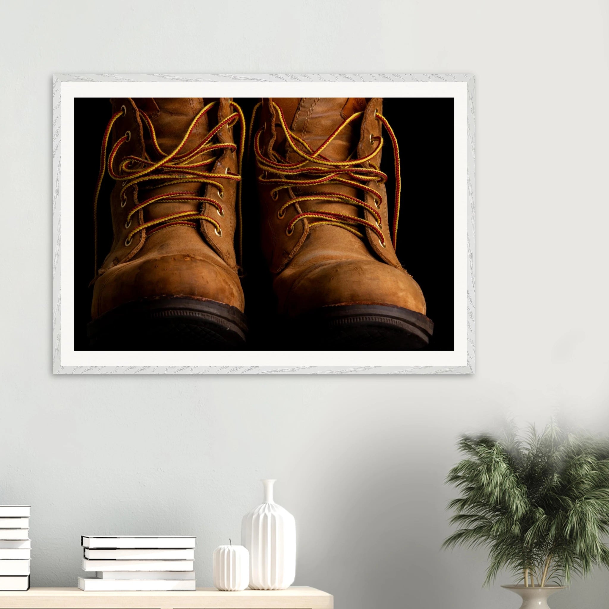 Walking boots framed wall art – museum quality matte paper in oak wood frame