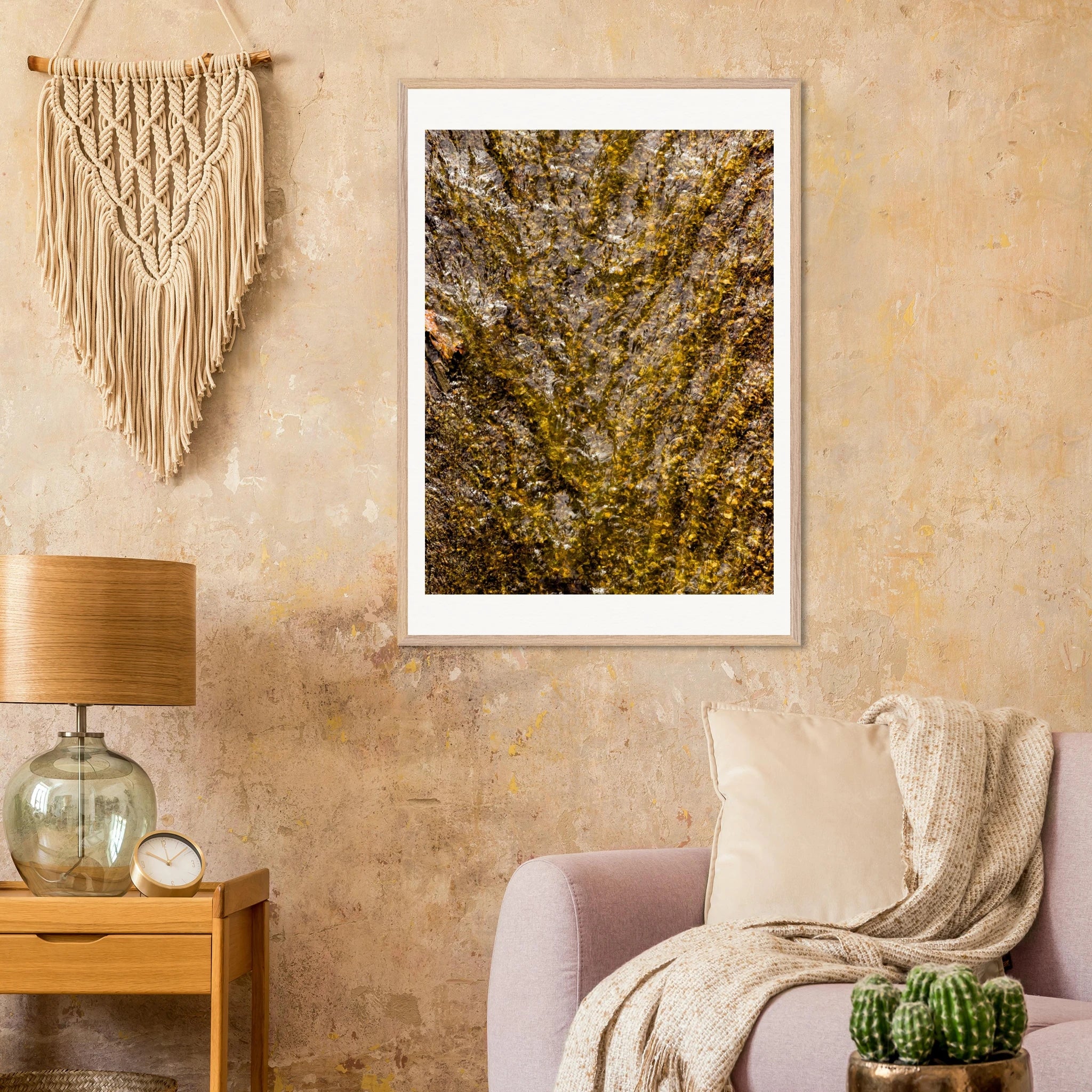 Golden water framed wall art – museum quality matte paper in oak wood frame